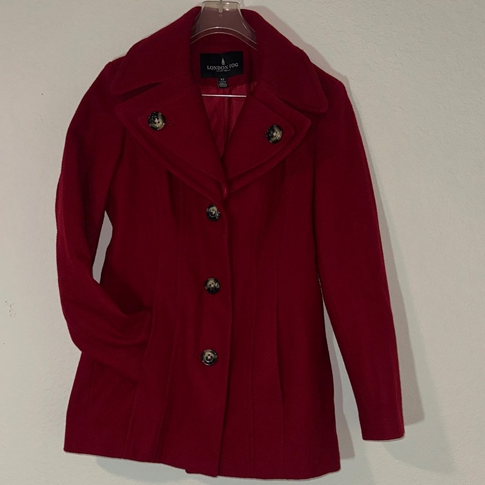 London Fog Red‎ Wool-Blend Peacoat Jacket – Size XS, Classic Button-Front Winter